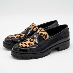 size 39 ZARA LEOPARD ANIMAL PRINT LOAFERS Black Patent Leather